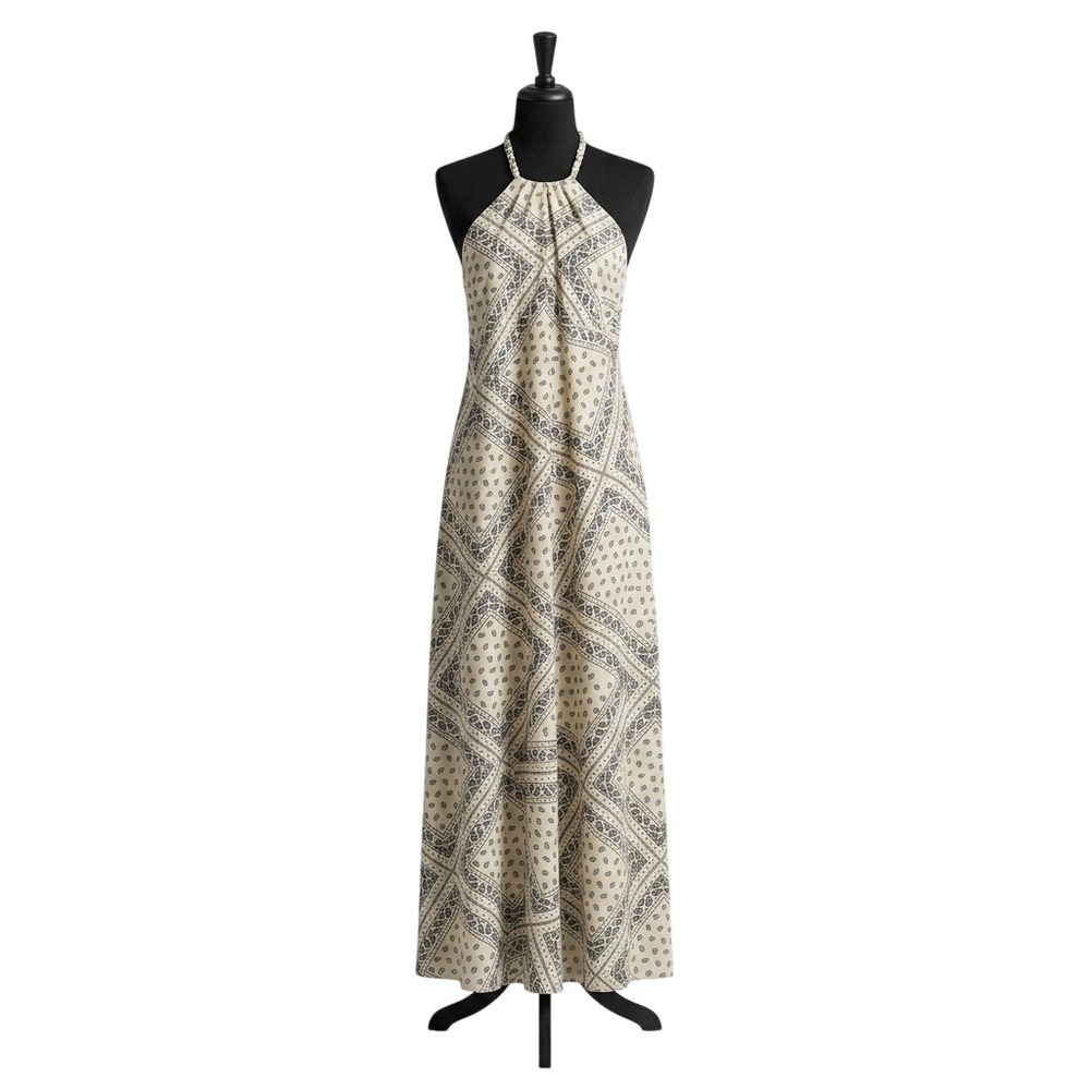 BISHOP + YOUNG Cream Navy Bandana Paisley Halter Maxi Dress Open Back XS $138 - Picture 2 of 7